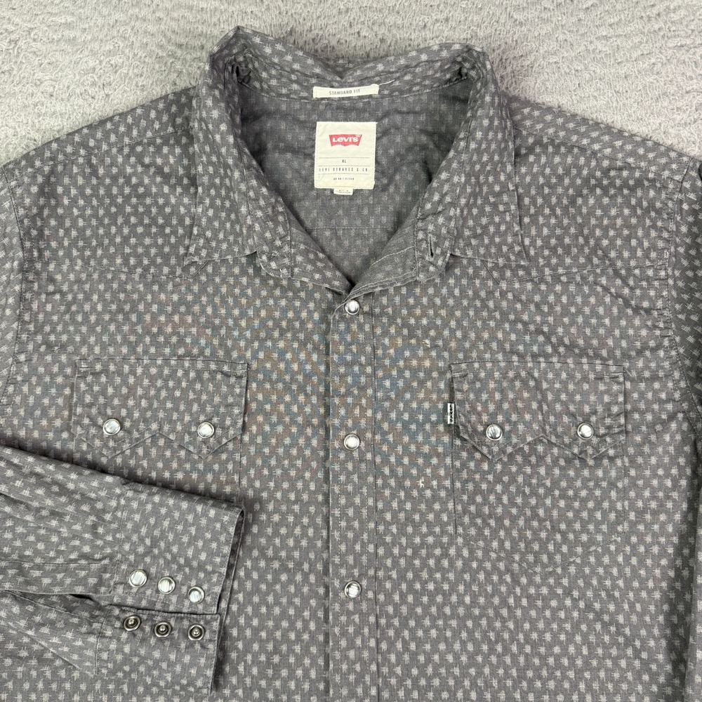 Levis Shirt Mens XL Gray Pearl Snap Western Sawtooth Pockets Patterned Work
